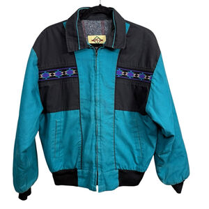 Vintage PFI Western Southwestern Bomber Jacket Men’s Medium Teal Black 90s USA